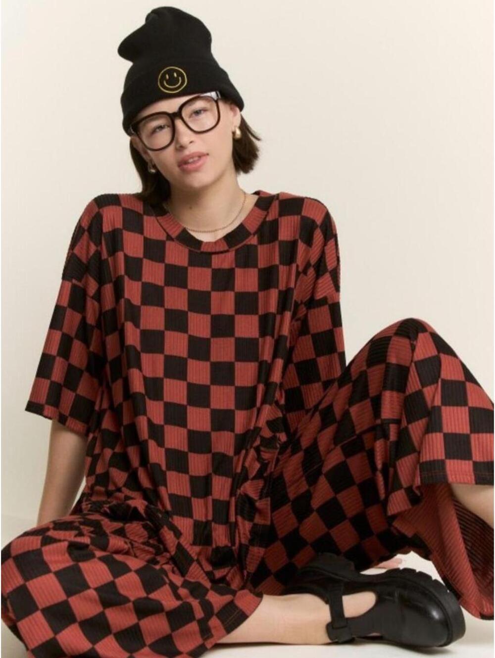 Boutique Rust Black Checkered Ribbed Two Piece Set Plus Size 1XL